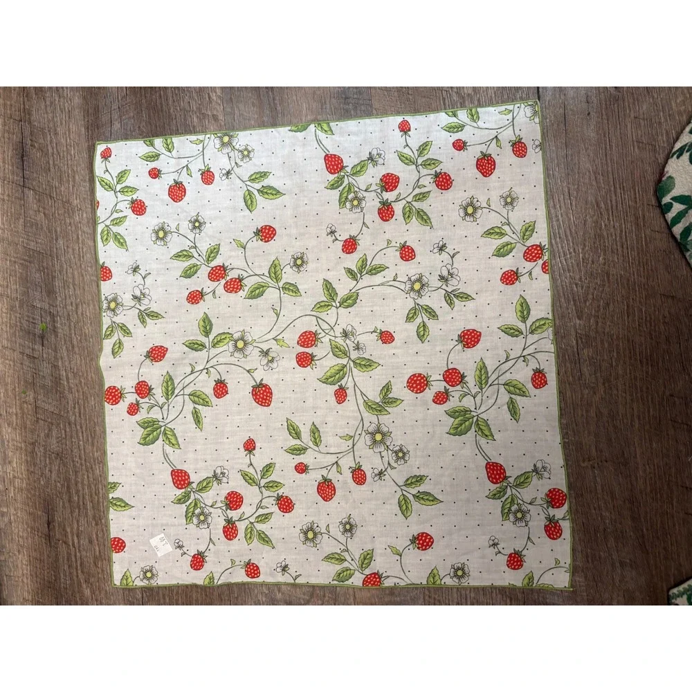 Vintage Strawberry Print Handkerchief White Green Cotton Scarf 15 Inch Square